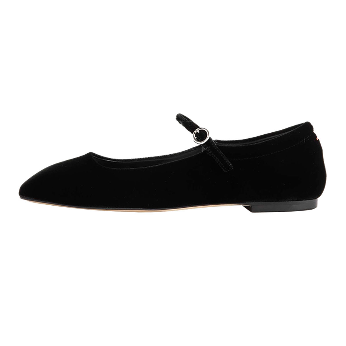 Velvet Square Toe Mary Jane Flats with Buckle Strap in Black