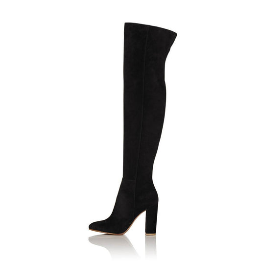 Women's Vegan Suede Closed Toe Over The Knee Boots with Block Heels