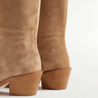 Light Brown Vegan Suede Pointed Toe Chunky Heel Knee High Boots