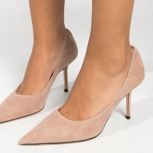 Women's Nude Vegan Suede Stiletto Heels Pointed Toe Office Pumps