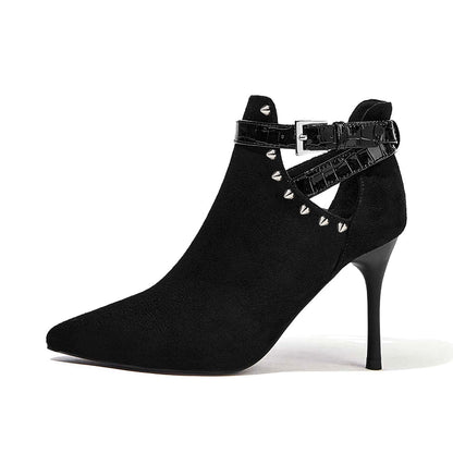Women's Black Vegan Suede Cut Out Heeled Ankle Boots with Rivets