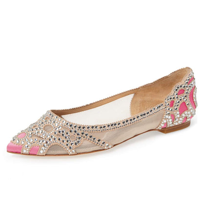 Elegant Mesh Slip-on Low Heels Pointed Toe Rhinestone Ballet Flats