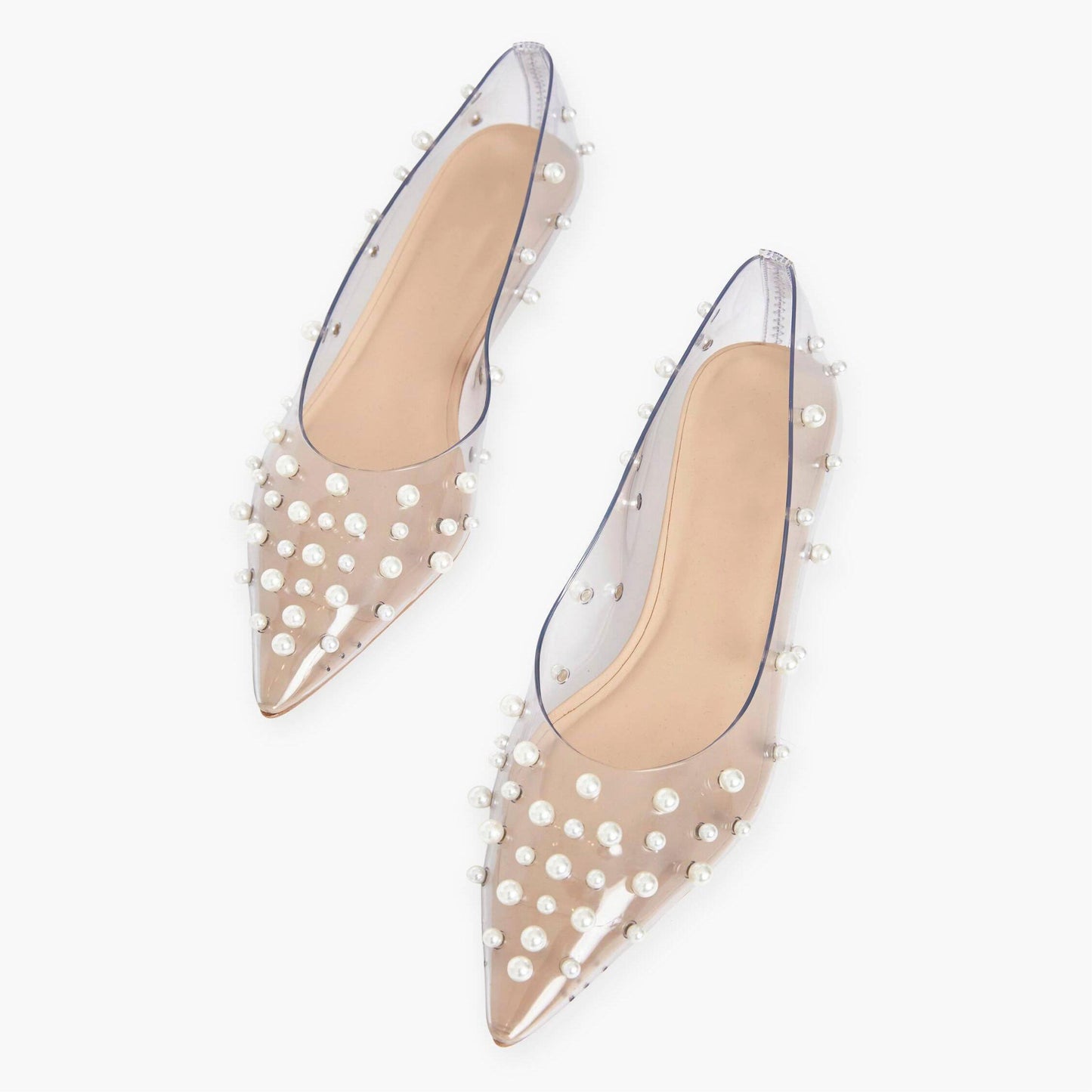 Women's Pearls Embellishment Clear Shoes Pointed Toe Kitten Heel Pumps