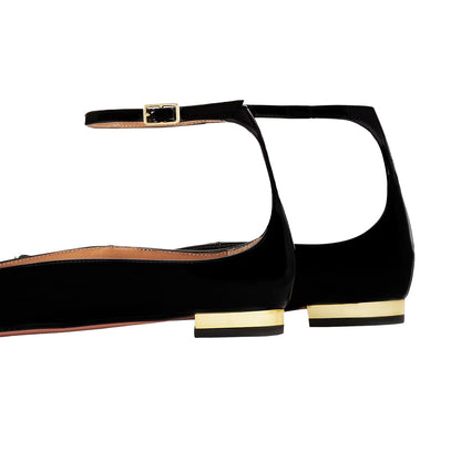 Classy Black Patent Leather Buckle Ankle Strap Pointed Toe Flats