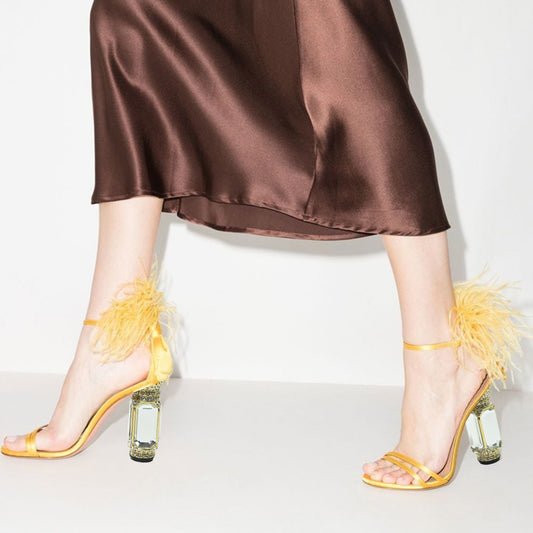 Yellow Satin Open Toe 4'' Decorative Heel Ankle Strap Sandals