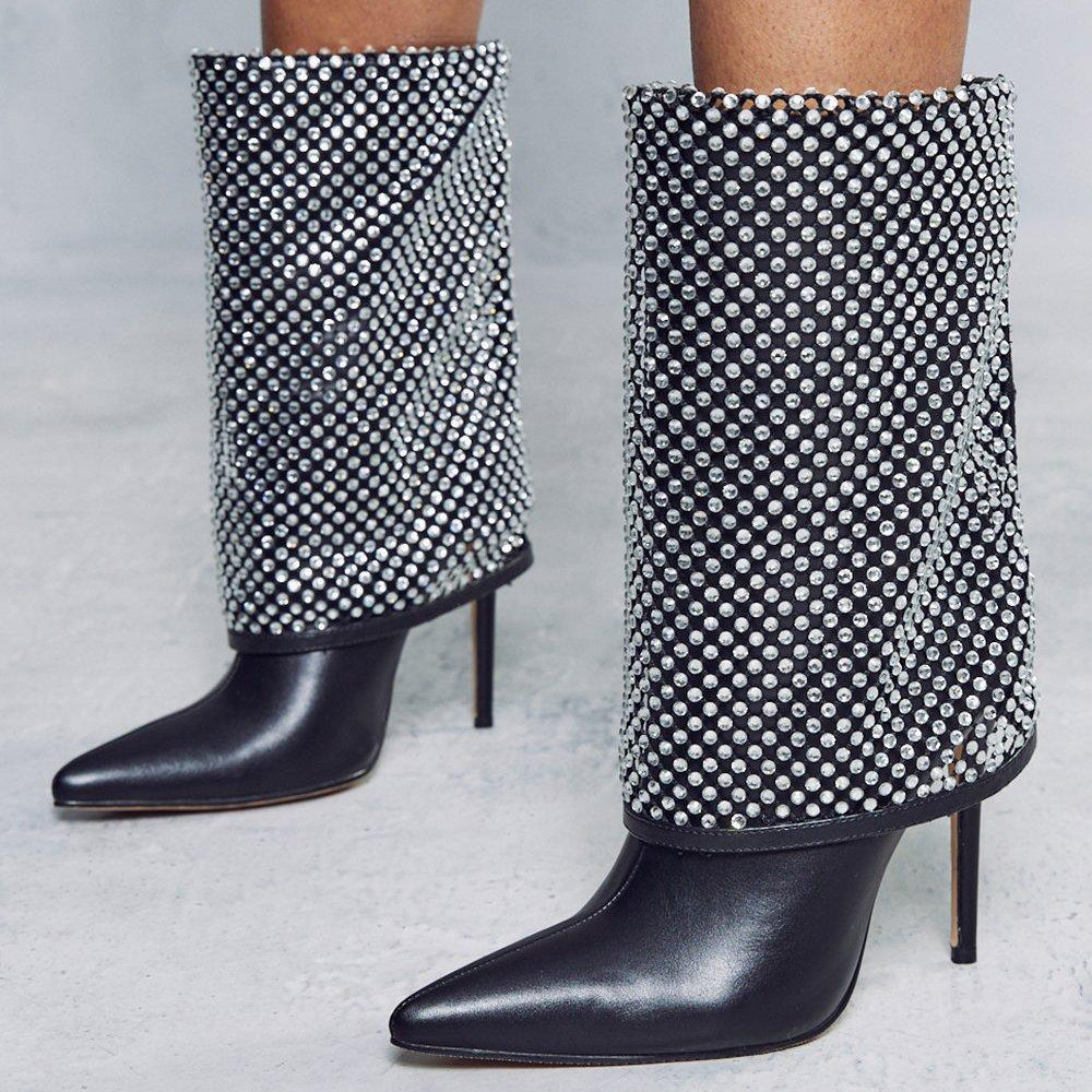 Stylish Black Rhinestone Mesh Overlay Stiletto Heel Mid Calf Boots