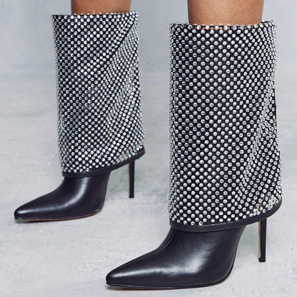 Stylish Black Rhinestone Mesh Overlay Stiletto Heel Mid Calf Boots