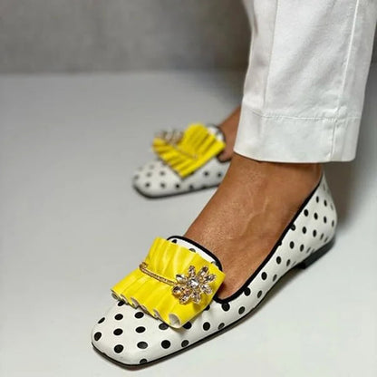 White Square Toe Polka Dot Flats Rhinestone Buckle Women's Loafers