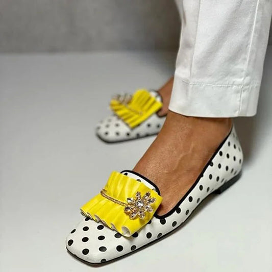 White Square Toe Polka Dot Flats Rhinestone Buckle Women's Loafers