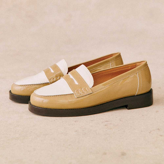 Tan and White Round Toe Business Flat Penny Loafers Women