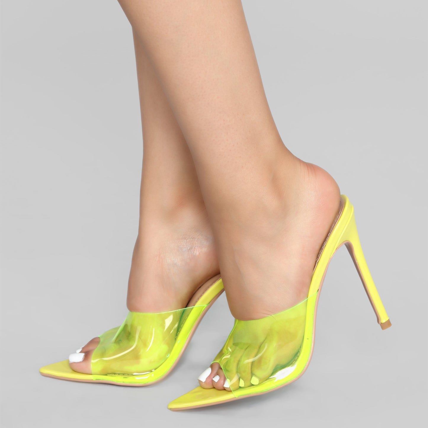 Yellow PVC Pointed Toe Stiletto Heel Mules Sandals