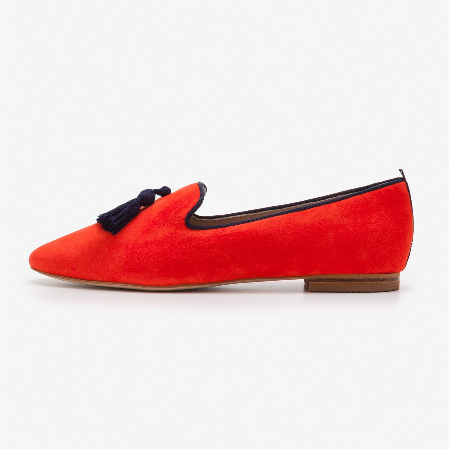 Coral Red Vegan Suede Loafers for Women Pointy Toe Flats with Fringes