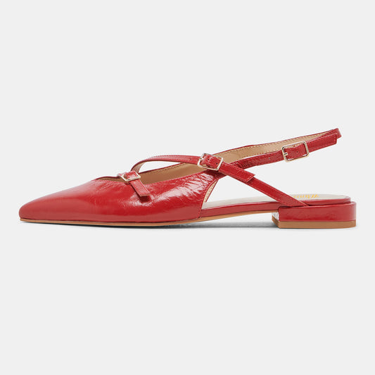 Red Vegan Leather Buckle Strappy Pointed Toe Flats with Slingback