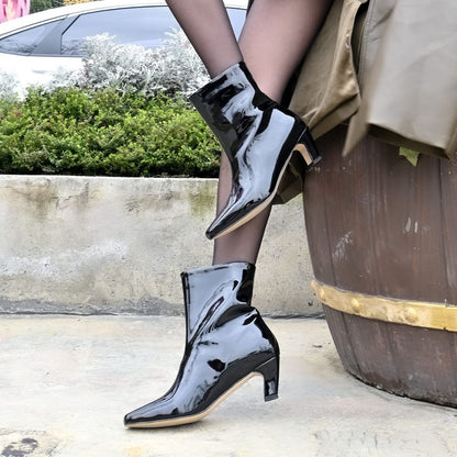 Women's Black Patent Leather Square Toe Low Heel Ankle Boots