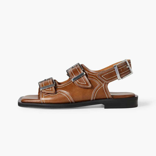 Brown Vegan Leather Square Toe Buckle Fastening Slingback Strap Flats