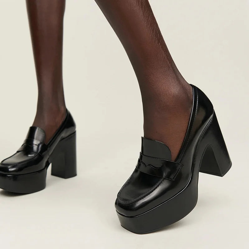 Black Platform Loafers Block Heels Business Casual Shoes for Women