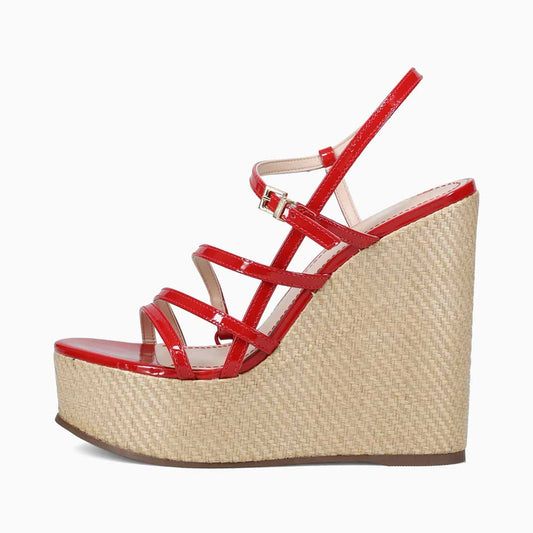 Red & Beige Open Toe Buckle Strappy Wedge Sandals with Woven Platform