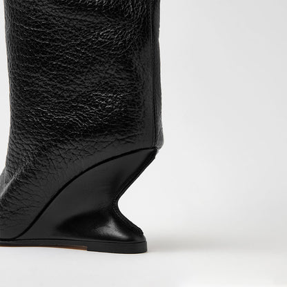 FSJ Black Open Square Toe Textured Wedge Heel Knee High Boots