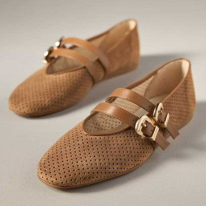 Women's Tan Perforated Round Toe Buckle Ballet Flats with Straps