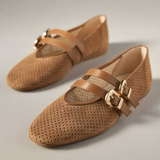 Women's Tan Perforated Round Toe Buckle Ballet Flats with Straps