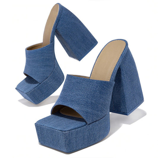 Women's Blue Denim Open Square Toe Platform Mules with Chunky Heel