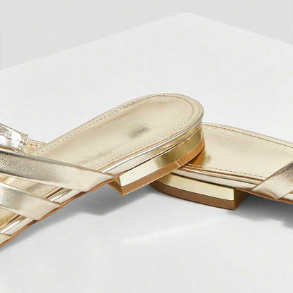 Metallic Finish Woven Pointed Toe Flat Gold Mules for Women