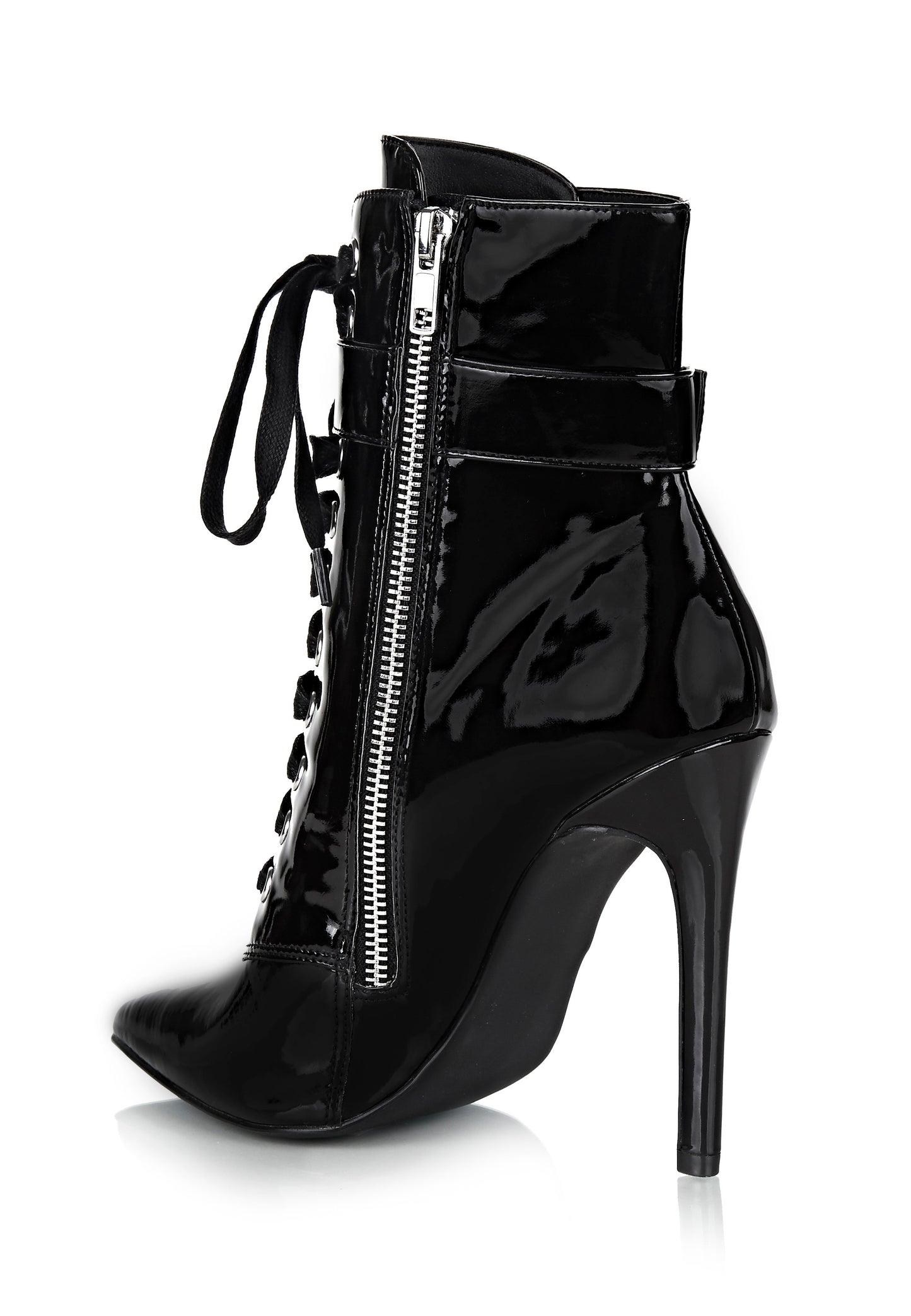 Black Patent leather Lace Up Stiletto Heels Pointy Toe Ankle Boots