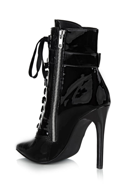 Black Patent leather Lace Up Stiletto Heels Pointy Toe Ankle Boots