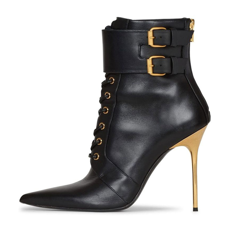 Black Lace Up Ankle Boots Pointed Toe Stiletto Heel Buckle Shoes