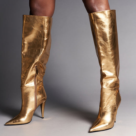 Gold Pointed Toe Boots Side Zip Knee High Boots