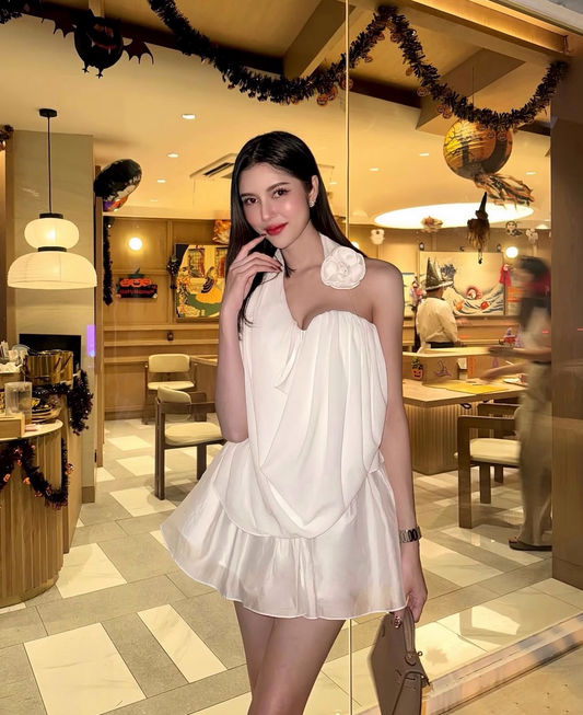 Fashion White 3D Flower Halter Dress Design A-line Party Dress Homecoming Dress TP3864