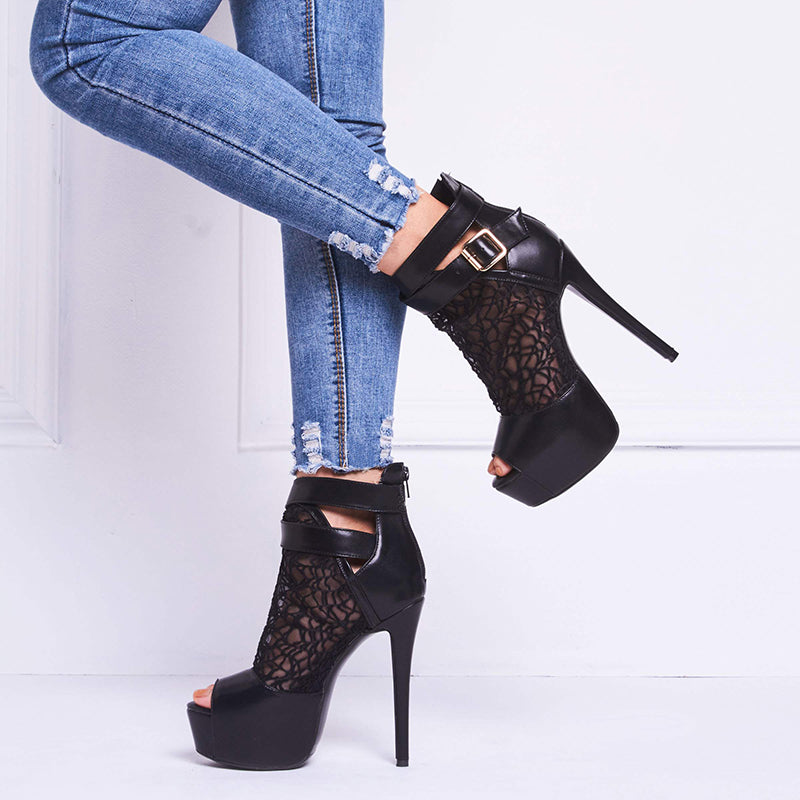 Black Peep Toe Platform Shoes Women's Stilettos Heel Lace Ankle Boots