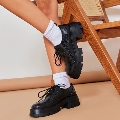 Black Croco Embossed Lug Sole Lace Up Women's Oxfords