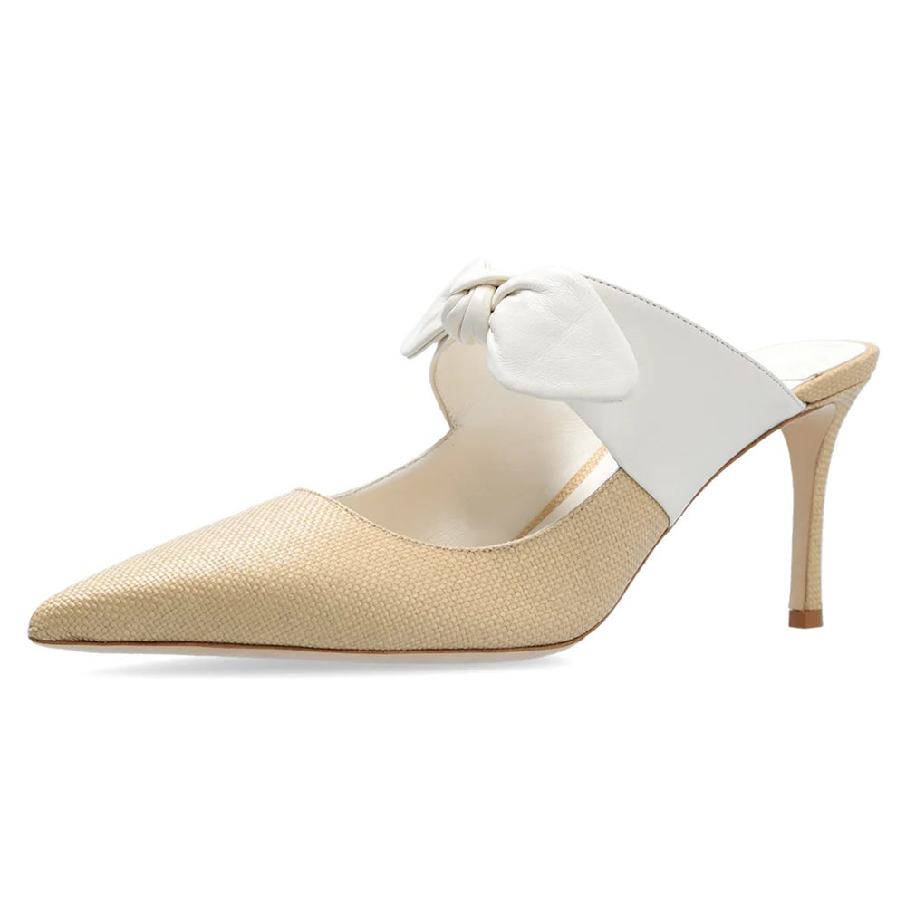 Beige & White Pointed Toe Stiletto Heel Woven Mules Shoes with Knot