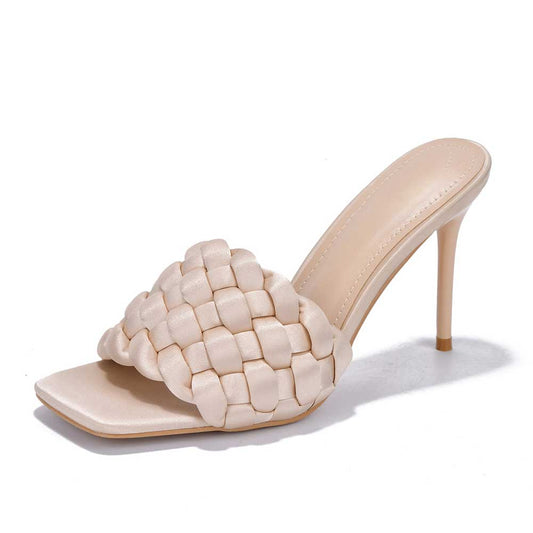 FSJ Nude Woven Strap Open Square Toe Stiletto High Heel Mules
