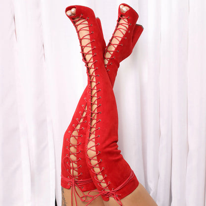 Red Peep Toe Chunky Heel Thigh High Lace Up Boots for Women