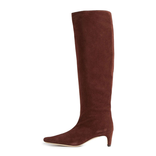 Brown Vegan Suede Pull-On Square Toe Chunky Heel Knee High Boots
