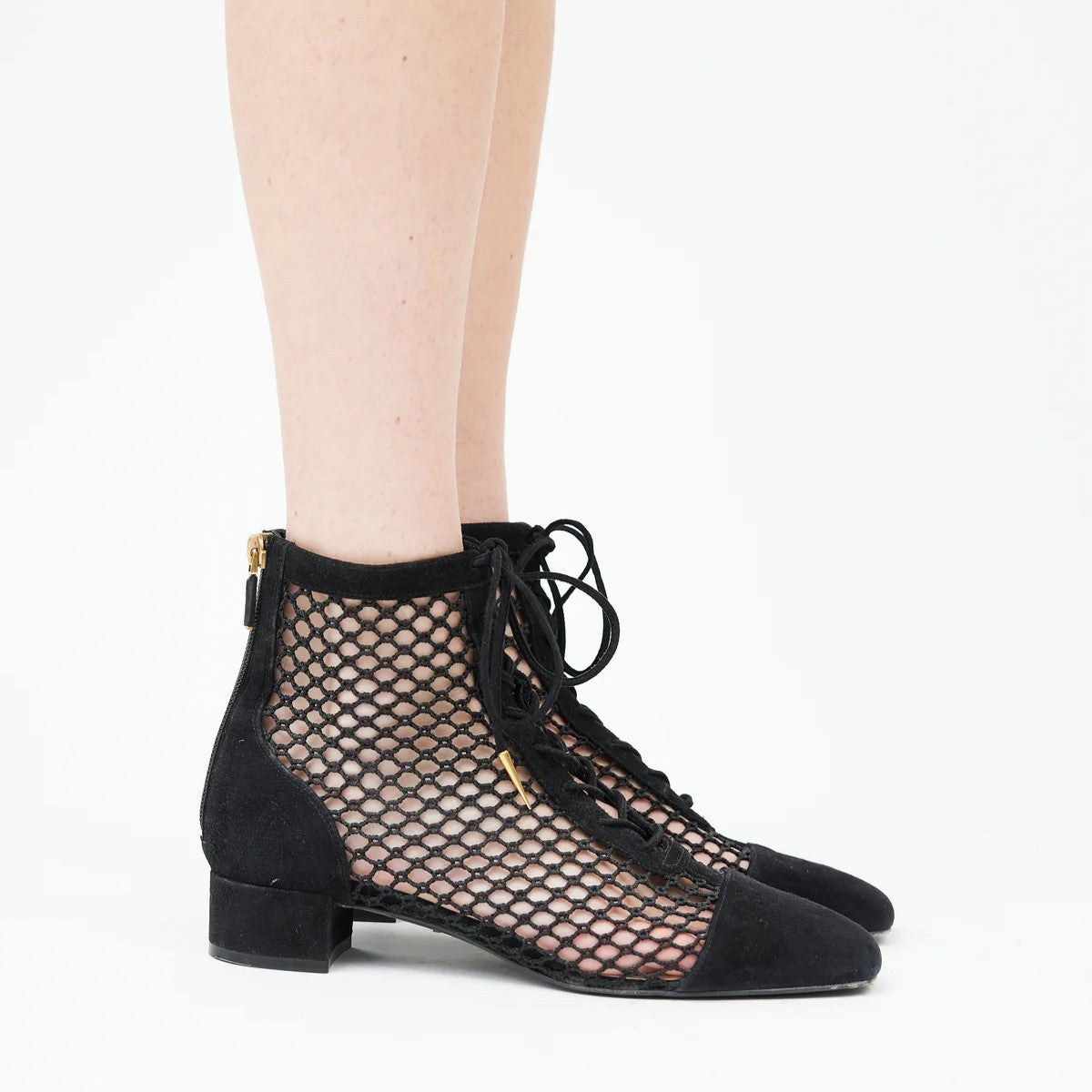 Black Nets Lace Up Summer Booties Block Heel Ankle Boots