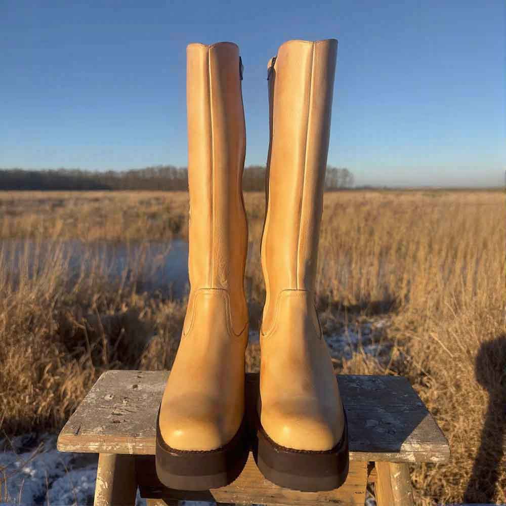 Tan Chunky Heel Flower Inlay Zipper Platform Mid Calf Boots for Women