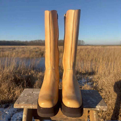 Tan Chunky Heel Flower Inlay Zipper Platform Mid Calf Boots for Women