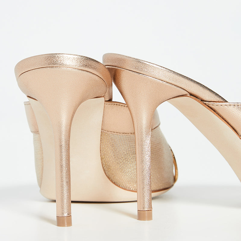 Women's Metallic Champagne Pointed Toe Mesh Mule Heels