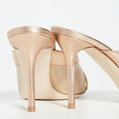 Women's Metallic Champagne Pointed Toe Mesh Mule Heels