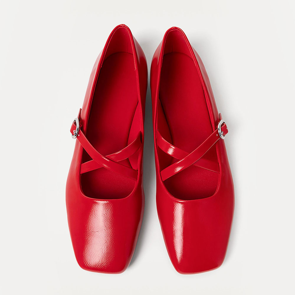 Women's Red Square Toe Cross Buckle Strap Elegant Ballet Flats