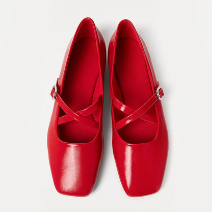 Women's Red Square Toe Cross Buckle Strap Elegant Ballet Flats