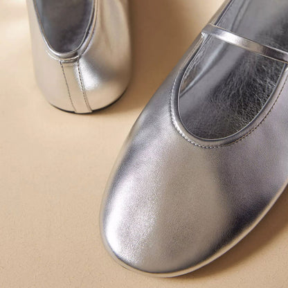 Silver Vegan Leather Round Toe Buckle Mary Jane Ballet Flats