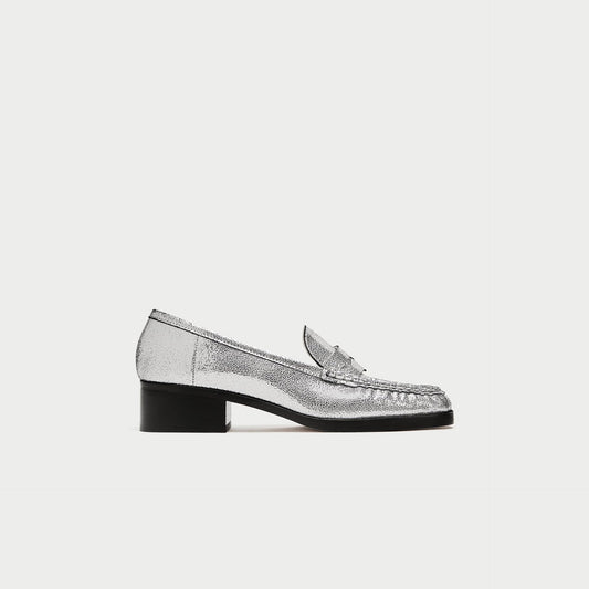 Silver Square Toe Low Heel Slip-On Penny Loafers for Women