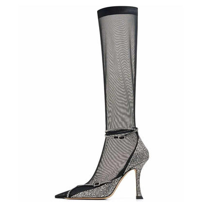 Black Mesh Rhinestone Crisscross Straps Flared Heel Knee High Boots
