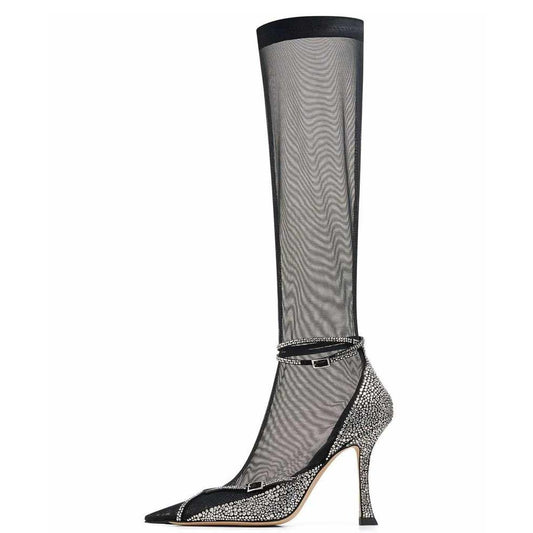 Black Mesh Rhinestone Crisscross Straps Flared Heel Knee High Boots