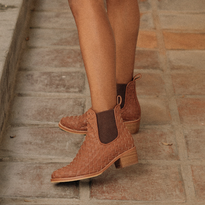 Brown Woven Detail Round Toe Chunky Heel Short Boots for Women