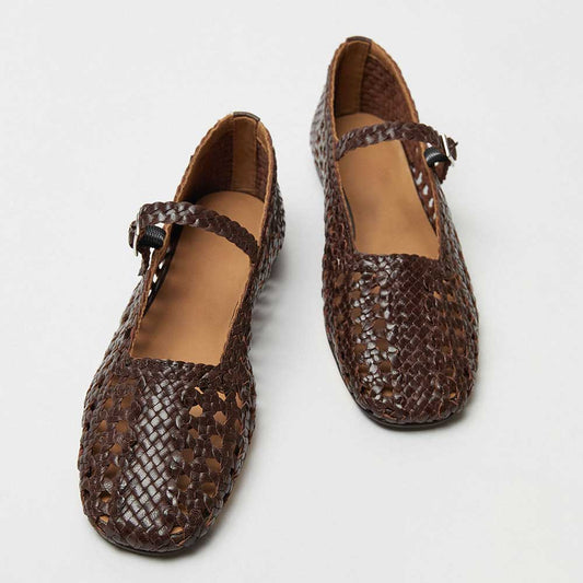 Brown Woven Square Toe Cut Out Buckle Strap Flat Shoes for Women